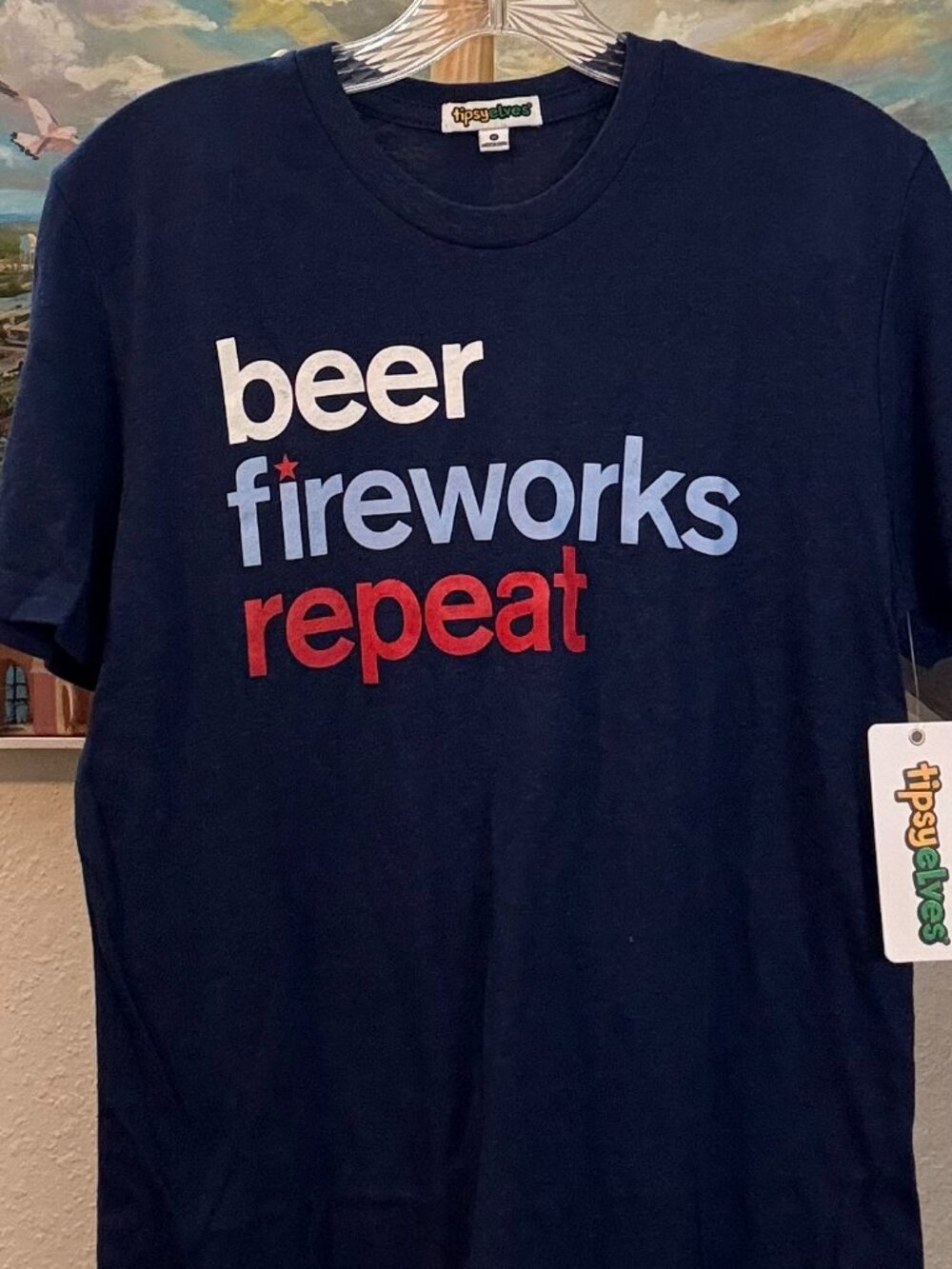 NWT Tipsy Elves Beer Fireworks‎ Repeat Patriotic Graphic Tee Navy Blue Medium